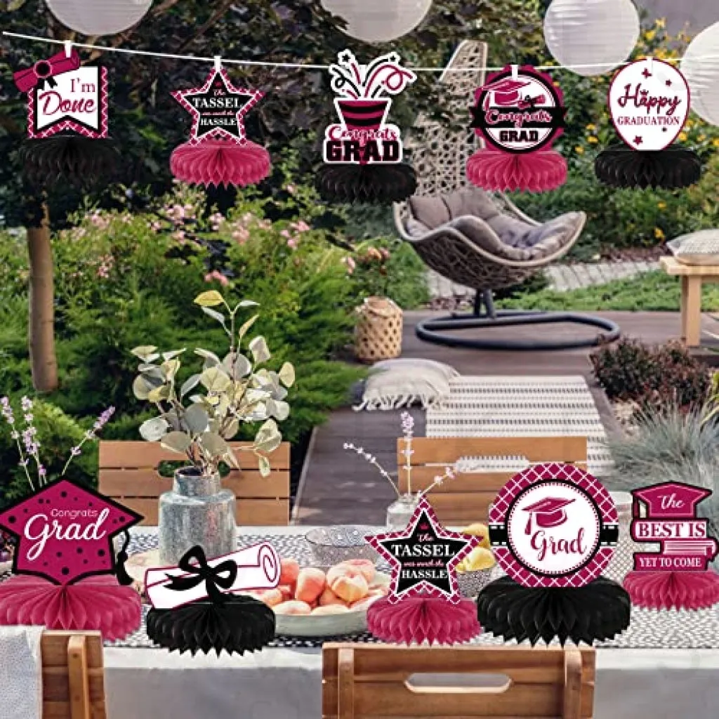 10PCS Class of 2023 Graduation Party Decorations 2023 Congrats Grad Honeycomb Centerpieces Congratulate Graduation Table Toppers for Graduation Party Favor Supplies(Black Maroon)