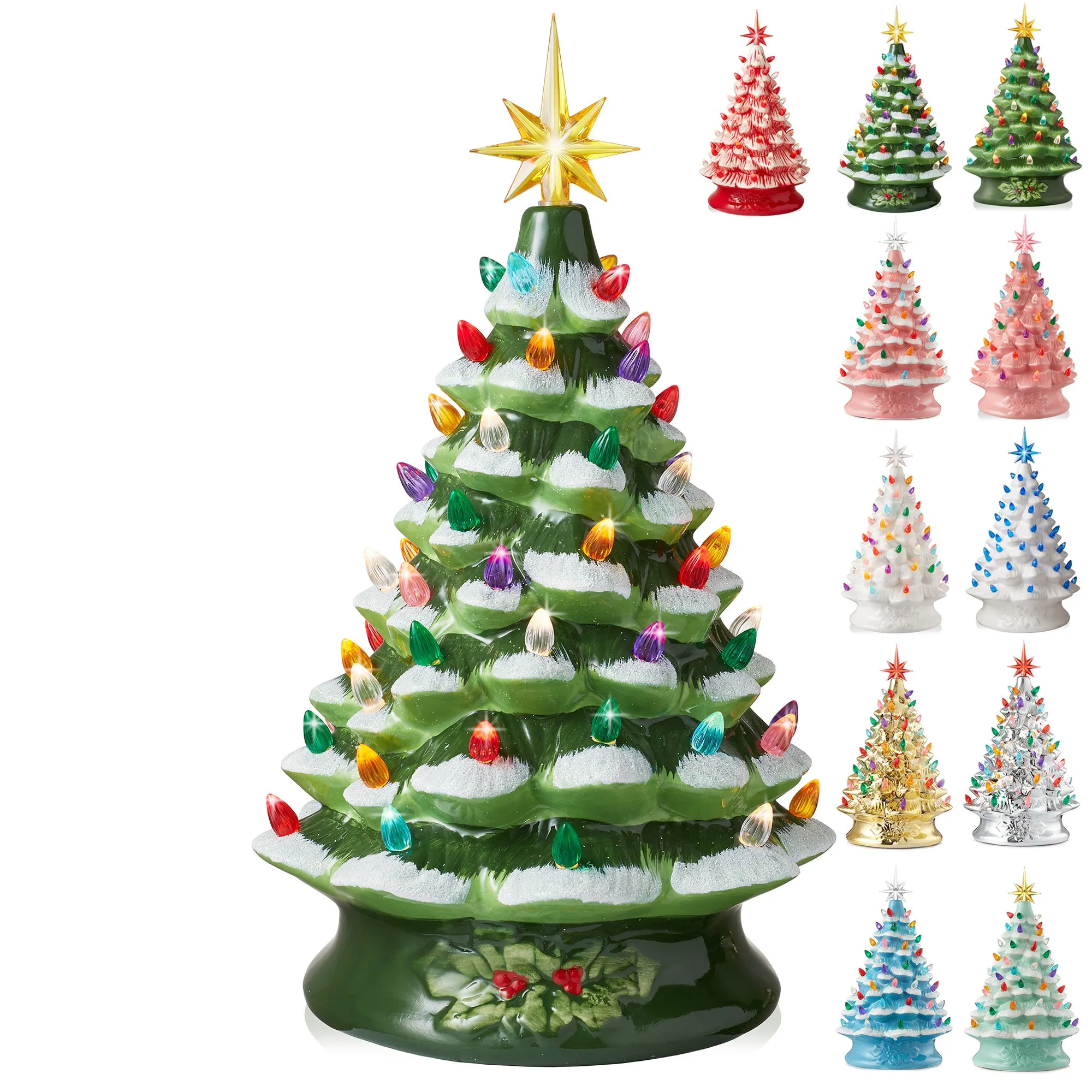 15" Hand Painted Ceramic Christmas Tree, Pre-Lit Tree with Star