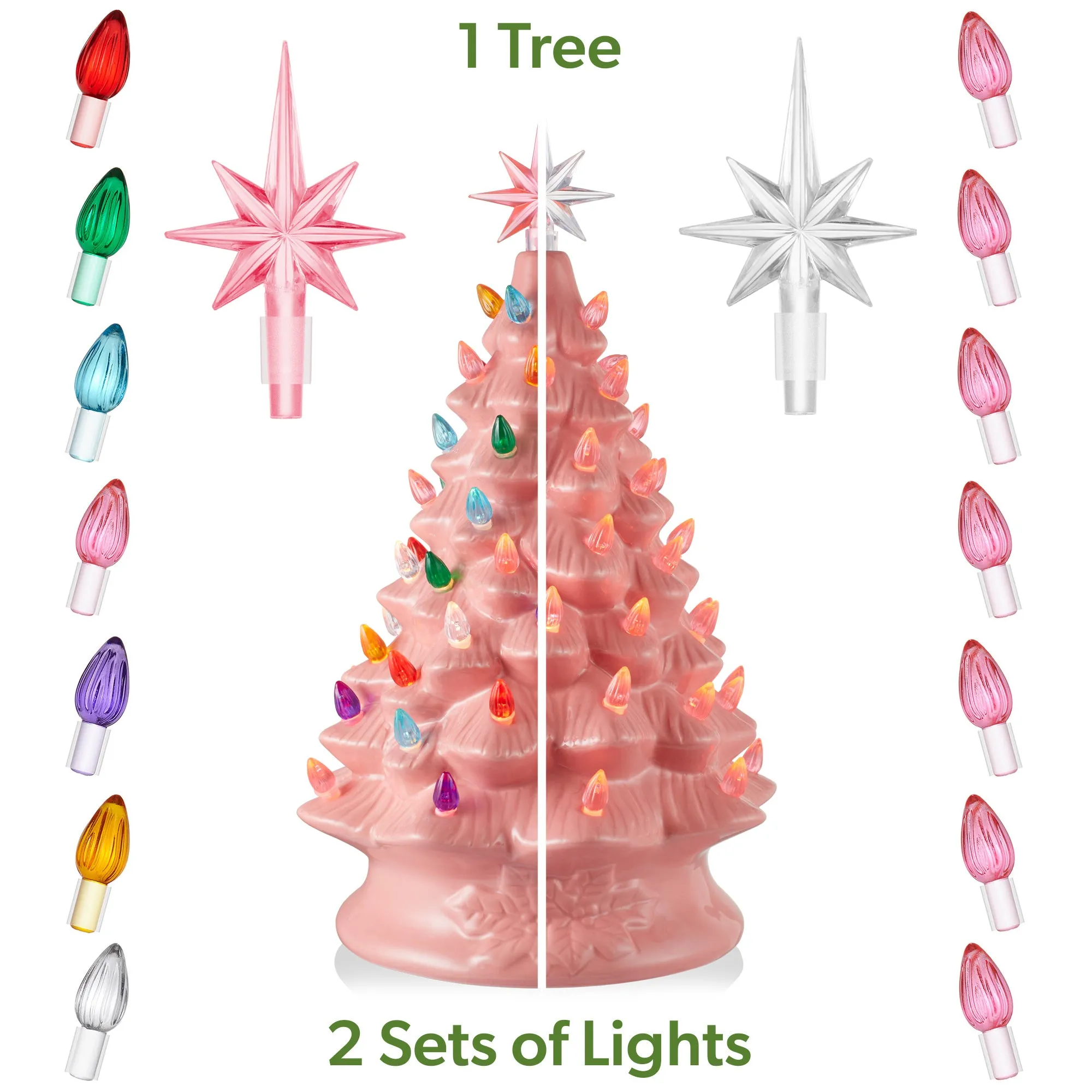 15" Hand Painted Ceramic Christmas Tree, Pre-Lit Tree with Star