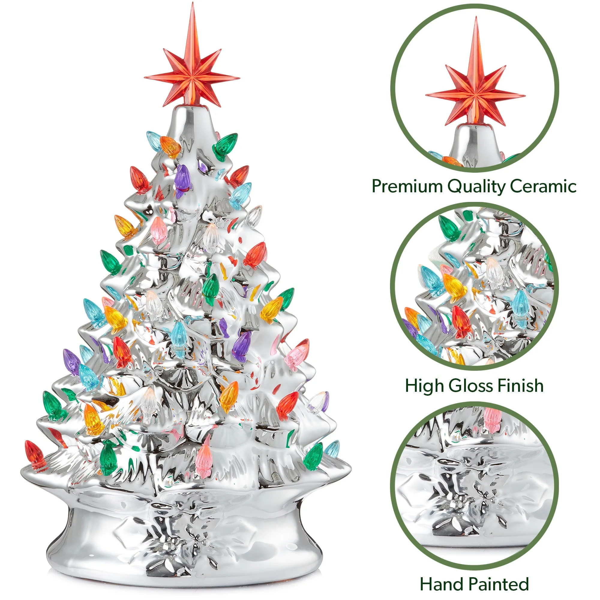 15" Hand Painted Ceramic Christmas Tree, Pre-Lit Tree with Star