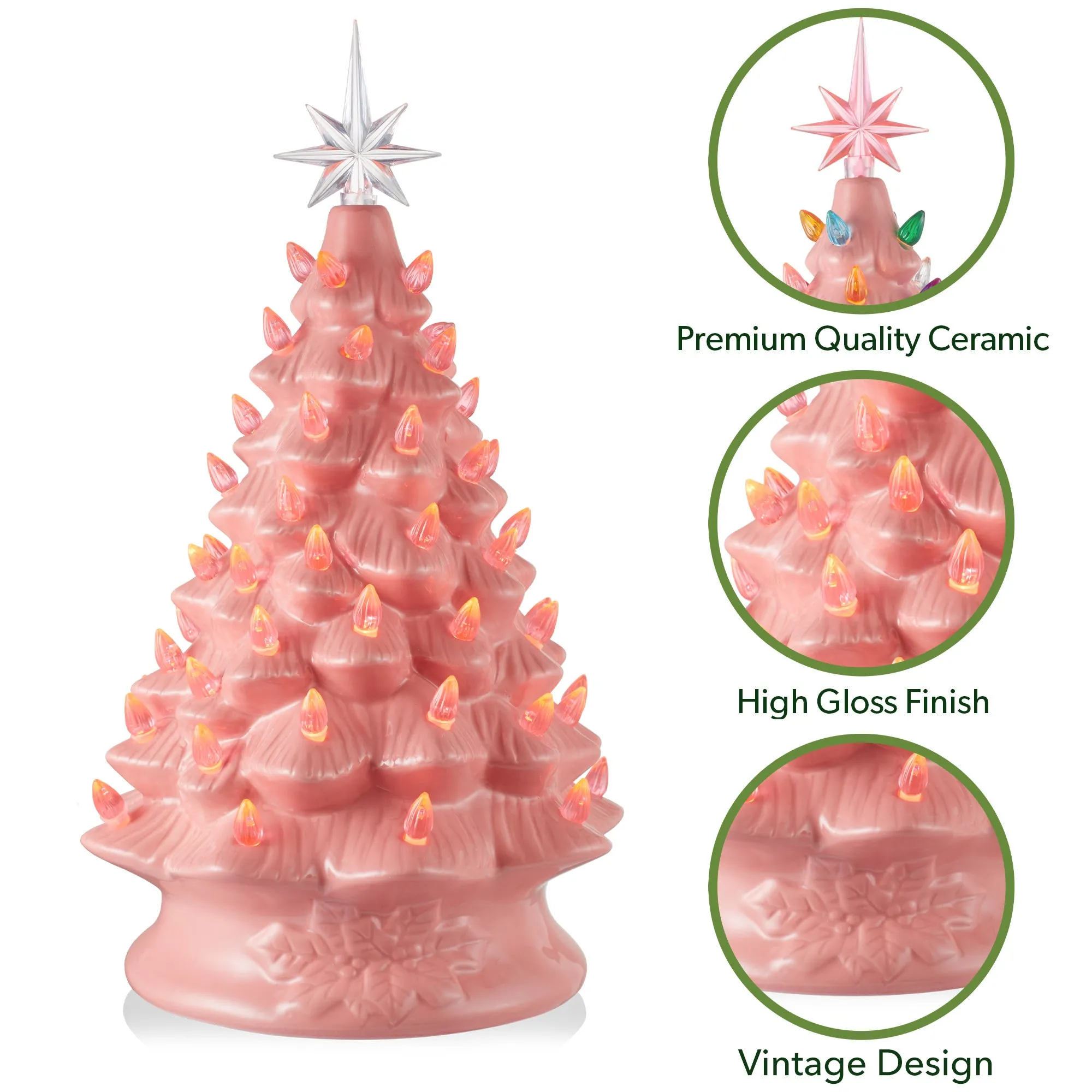 15" Hand Painted Ceramic Christmas Tree, Pre-Lit Tree with Star