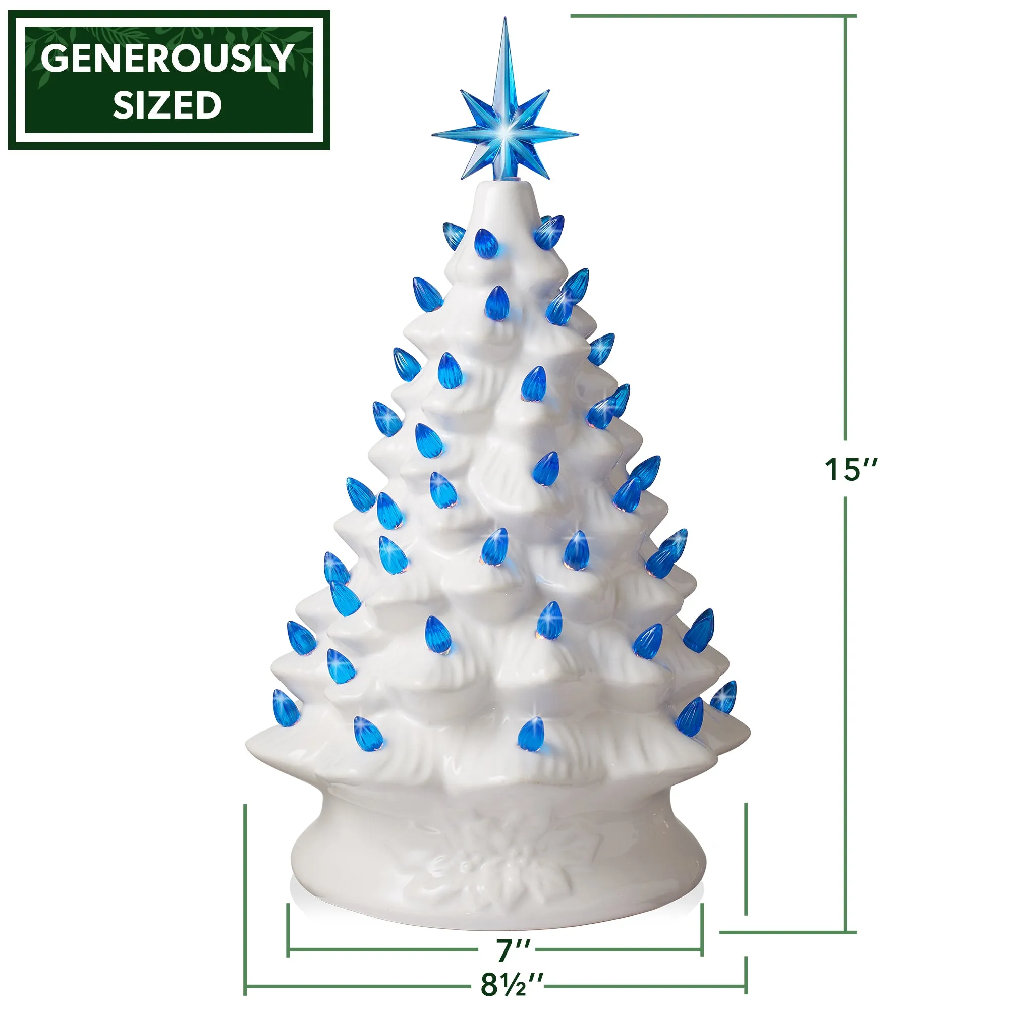 15" Hand Painted Ceramic Christmas Tree, Pre-Lit Tree with Star