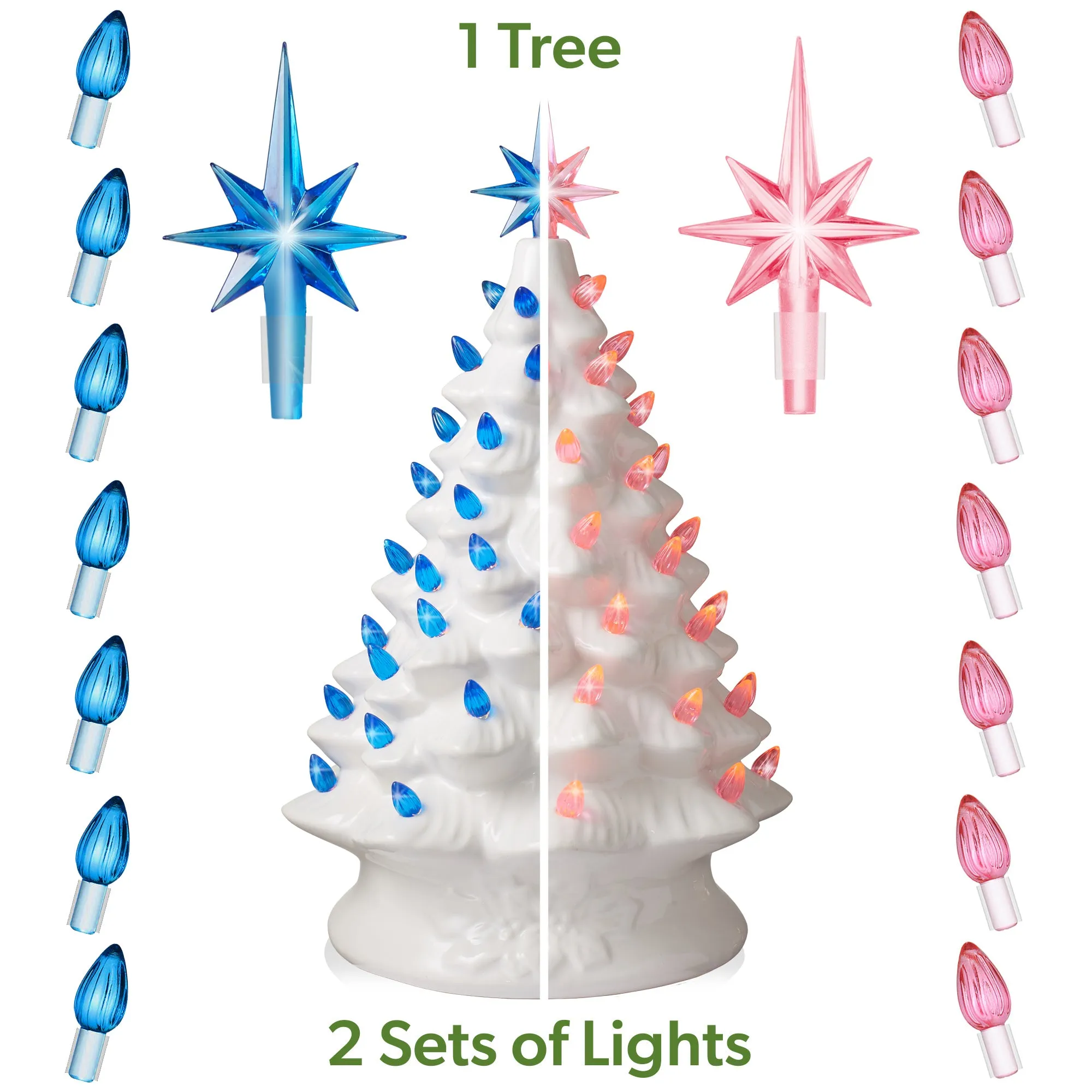 15" Hand Painted Ceramic Christmas Tree, Pre-Lit Tree with Star