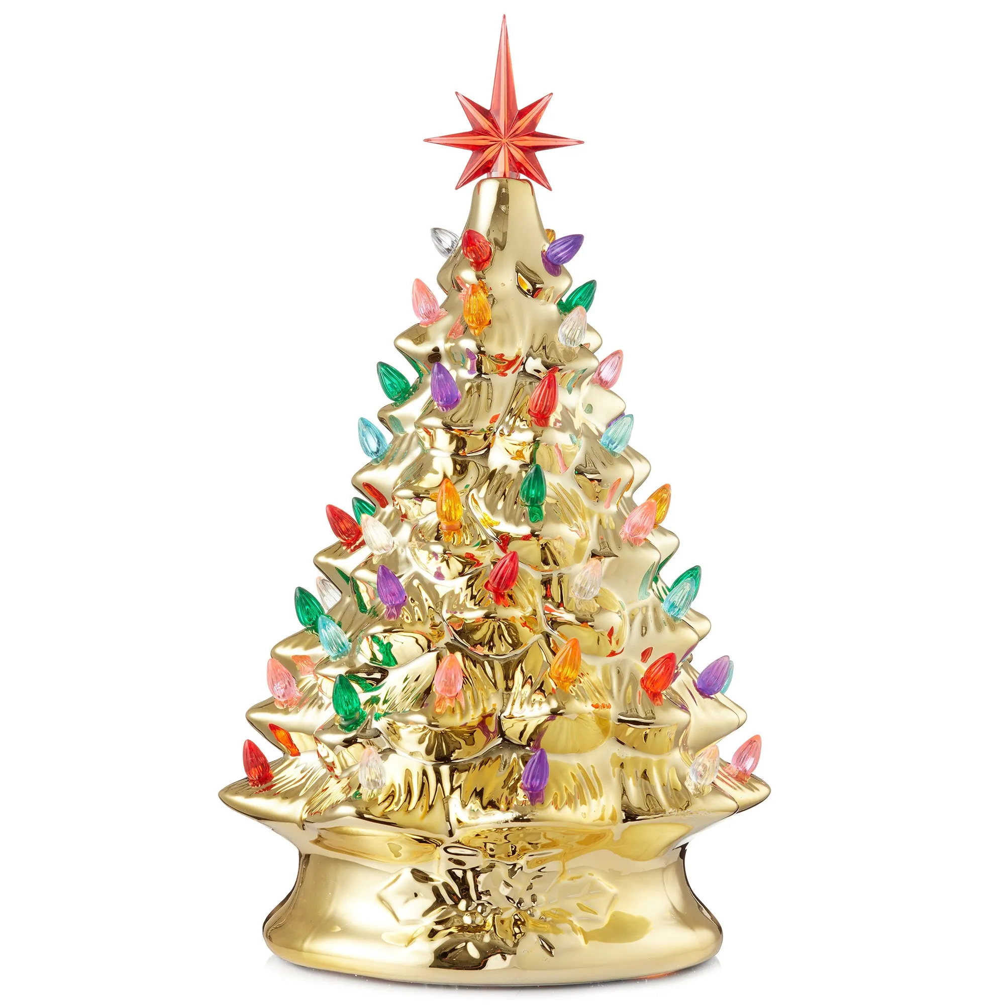 15" Hand Painted Ceramic Christmas Tree, Pre-Lit Tree with Star