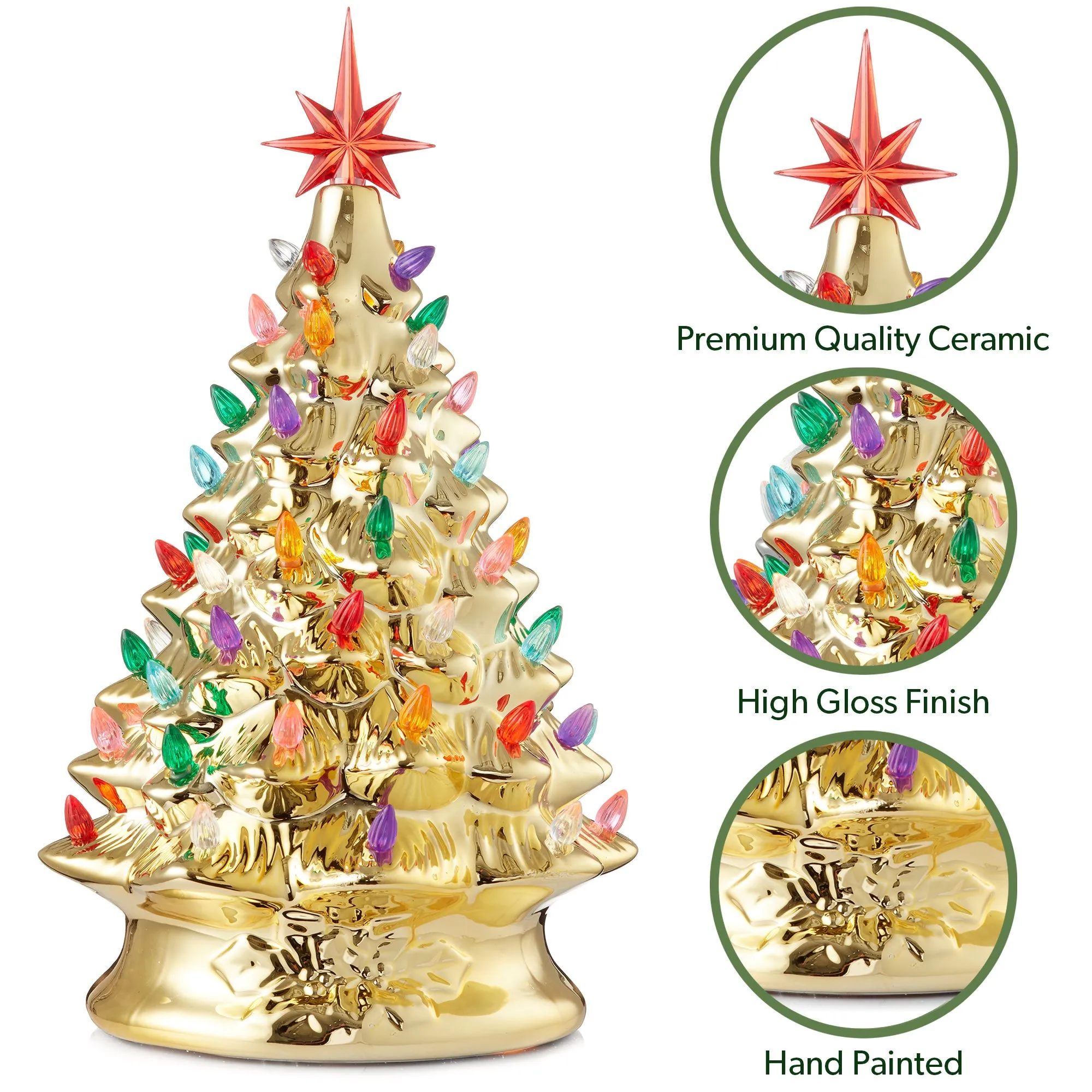 15" Hand Painted Ceramic Christmas Tree, Pre-Lit Tree with Star