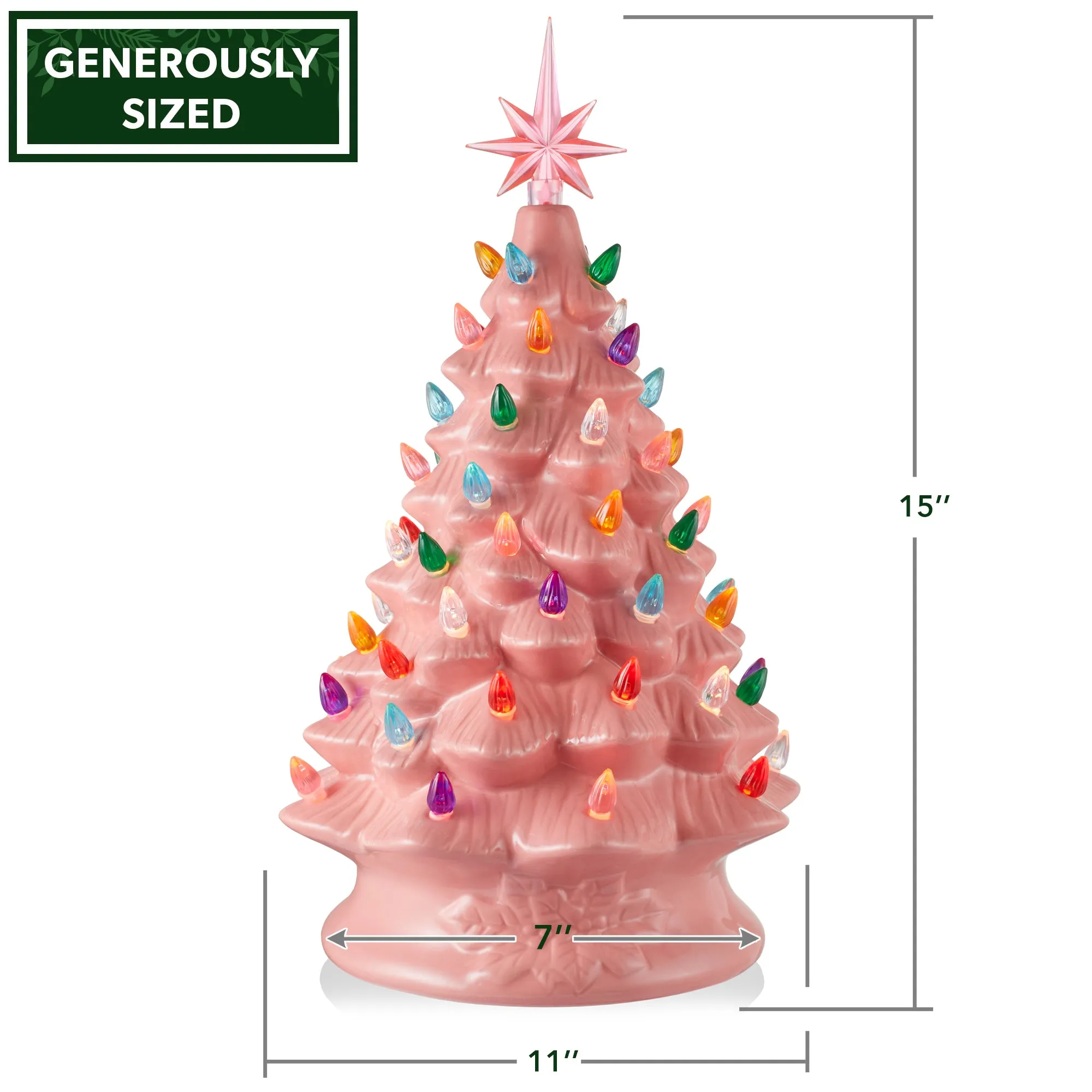 15" Hand Painted Ceramic Christmas Tree, Pre-Lit Tree with Star