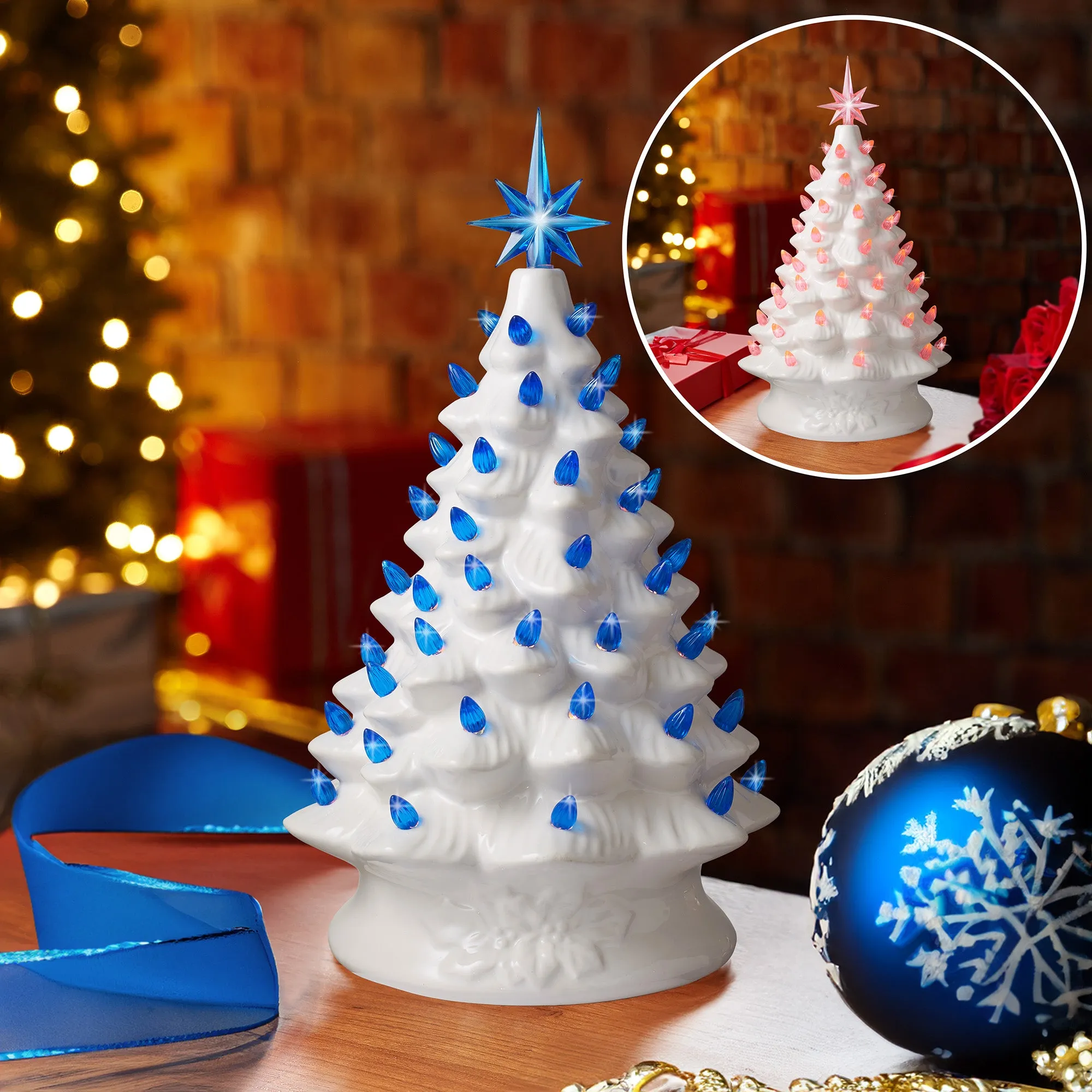 15" Hand Painted Ceramic Christmas Tree, Pre-Lit Tree with Star