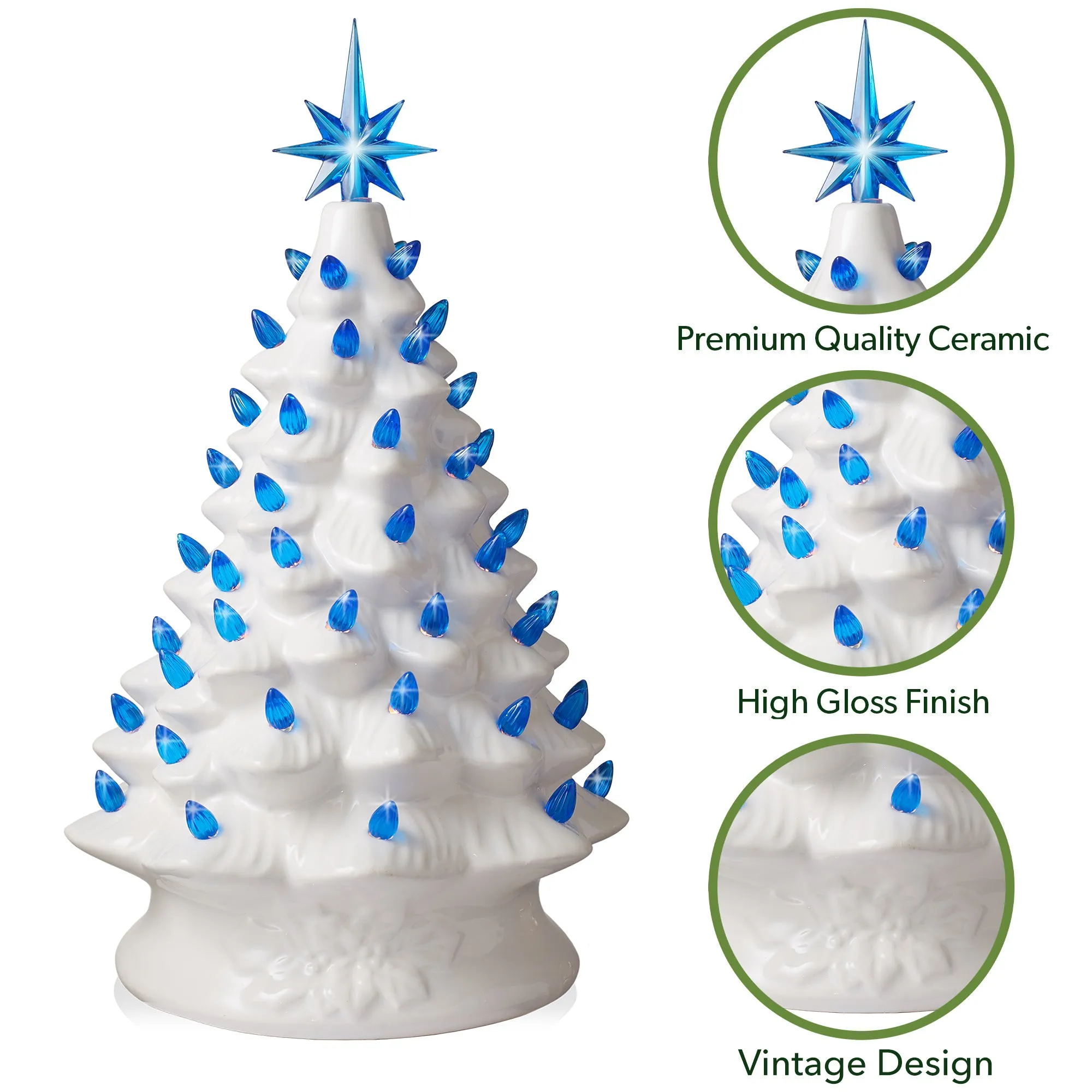 15" Hand Painted Ceramic Christmas Tree, Pre-Lit Tree with Star