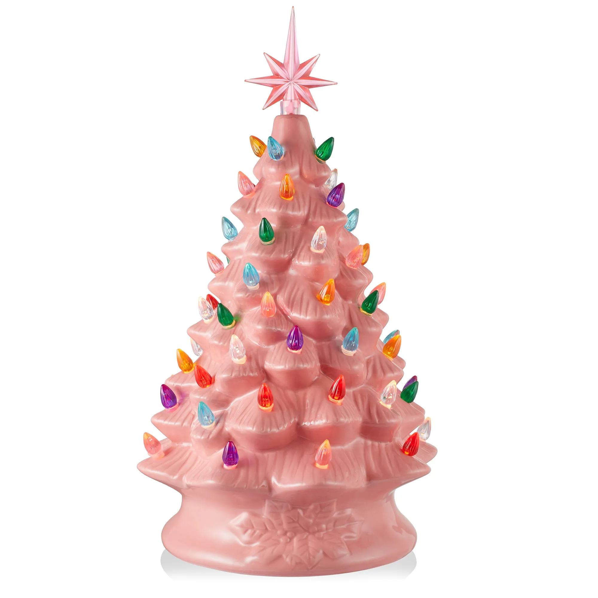 15" Hand Painted Ceramic Christmas Tree, Pre-Lit Tree with Star