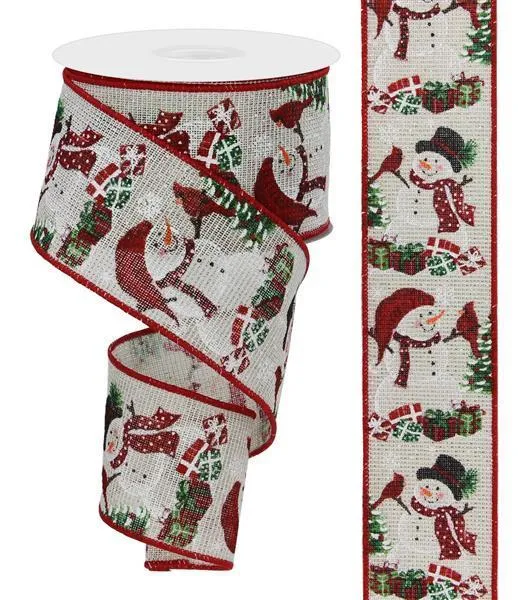 2.5 inch X 10 yards snowmen, cardinal, presents, ivory multi color