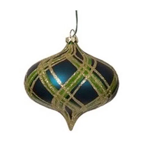 4" Onion Matte Navy Plaid Gold/Green Ball Ornament