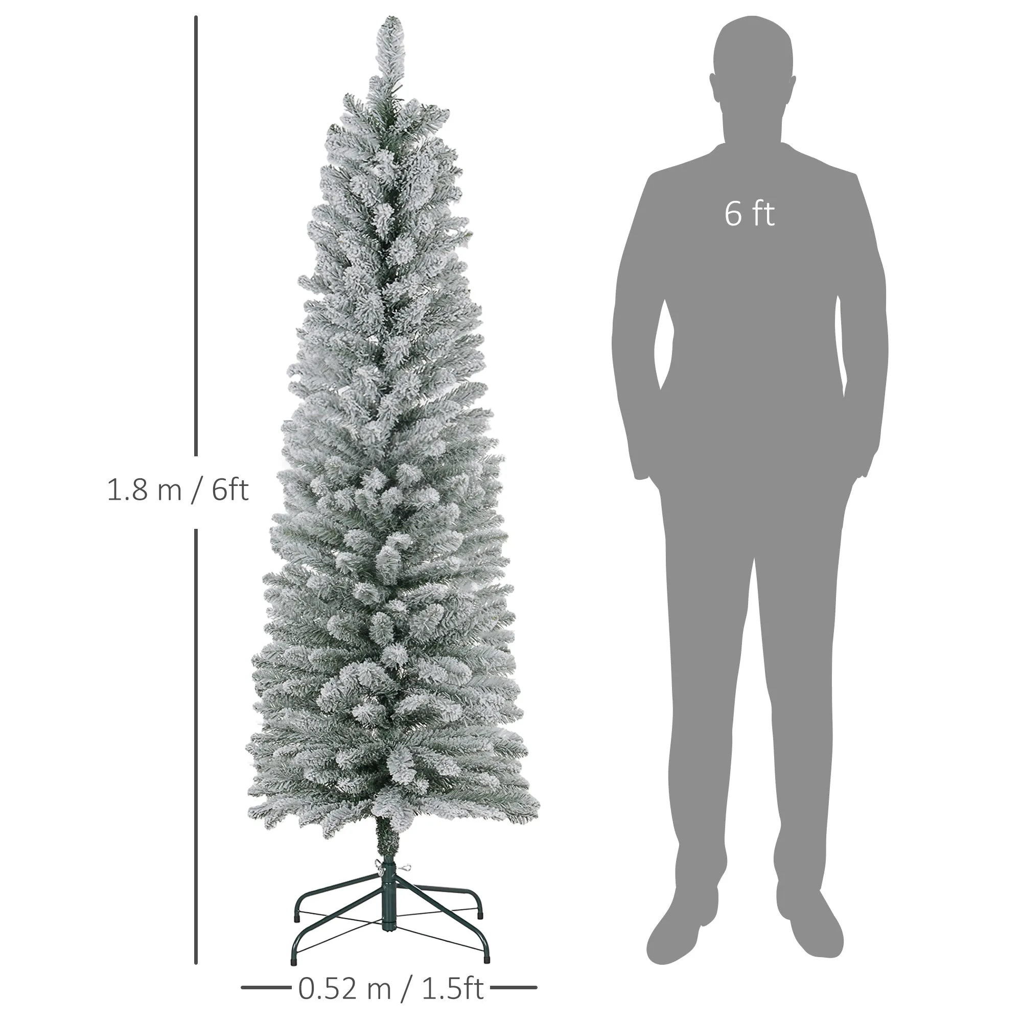 6 Foot Artificial Pencil Christmas Tree with Snow Flocked Tips, Green