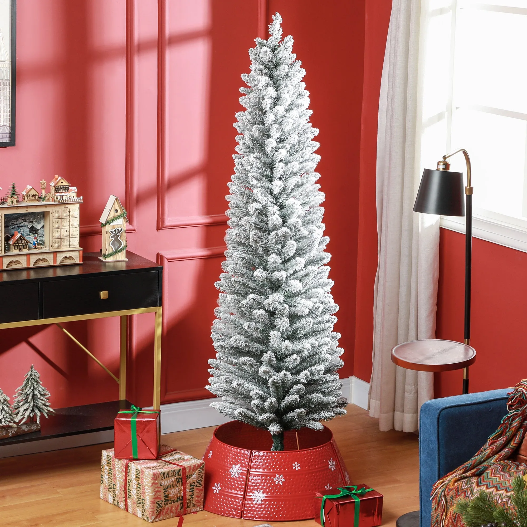 6 Foot Artificial Pencil Christmas Tree with Snow Flocked Tips, Green