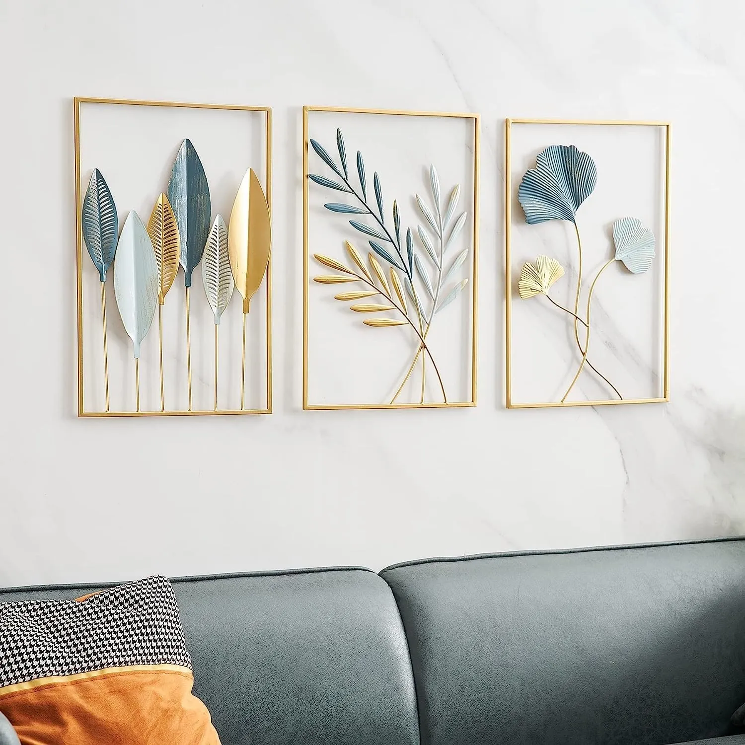 ALLIANCE DECOR Gold Metal Wall Art Decor for Living Room Ginkgo Leaves Set of 3 Wall Hanging Sculpture for Bedroom Office Dining Room (52 X 28 Inches)