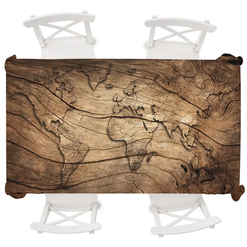 Anti-dirty Large Wood World Map Rectangular Tablecloth