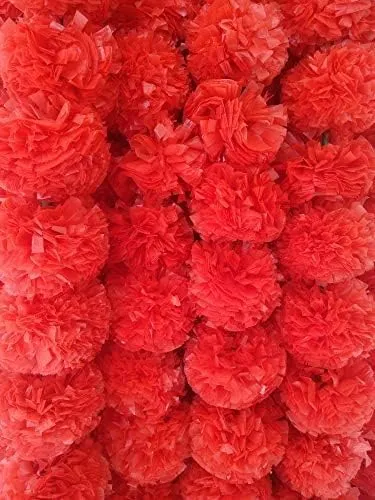 Artificial Marigold Flowers Garlands for Decoration Fluffy Flowers, Wedding Home Decor, Office, Kitchen, Diwali Festival Decor, (Pack of 5) - (Red)