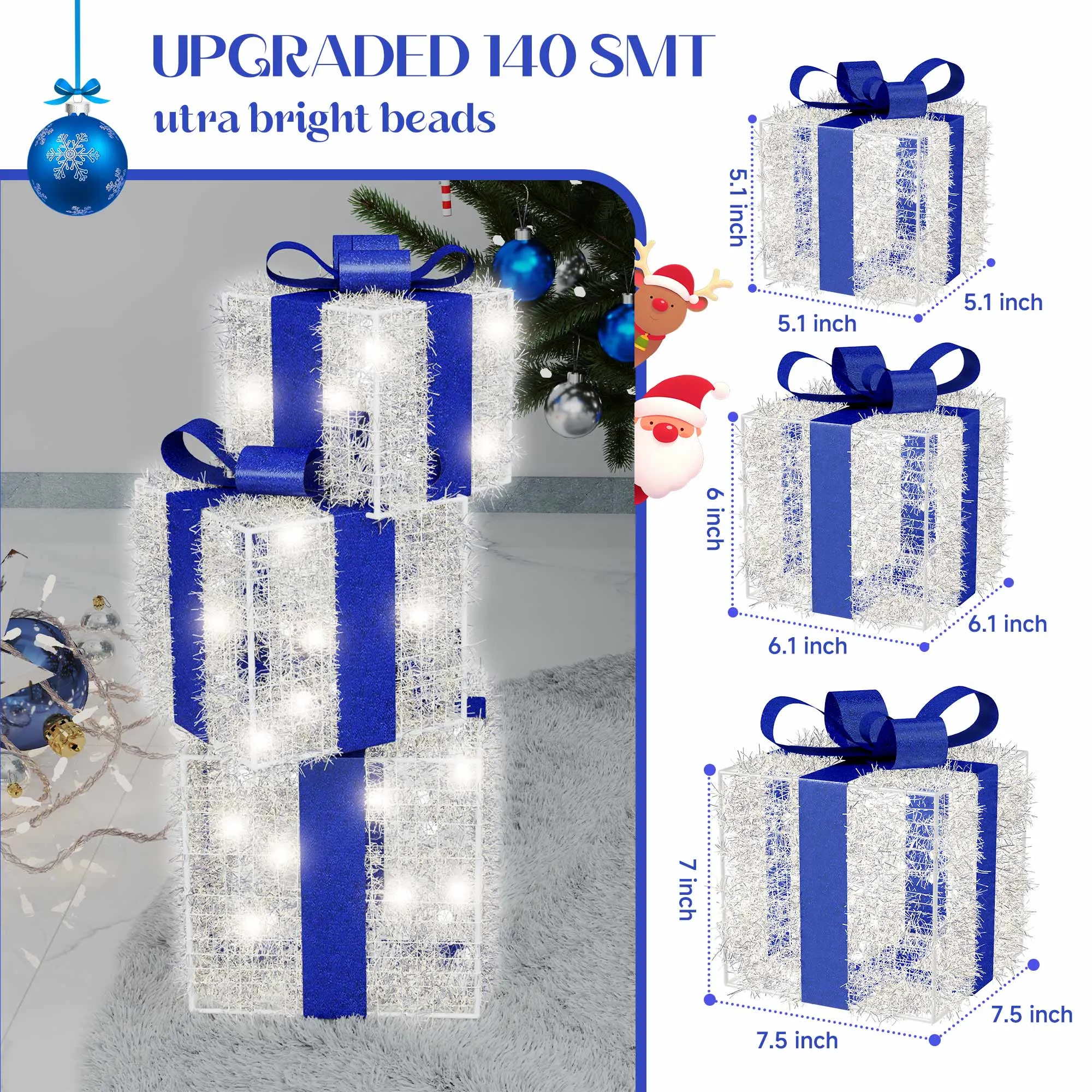 Blue Christmas Decorations, Christmas Lighted Gift Boxes 140 LEDs Light Up Presents Christmas Decor, 8 Modes & Timer Function Plug-in Set of 3 Lighted Christmas Boxes for Xmas Holiday Indoor Outdoor.Christmas Lights Decoration