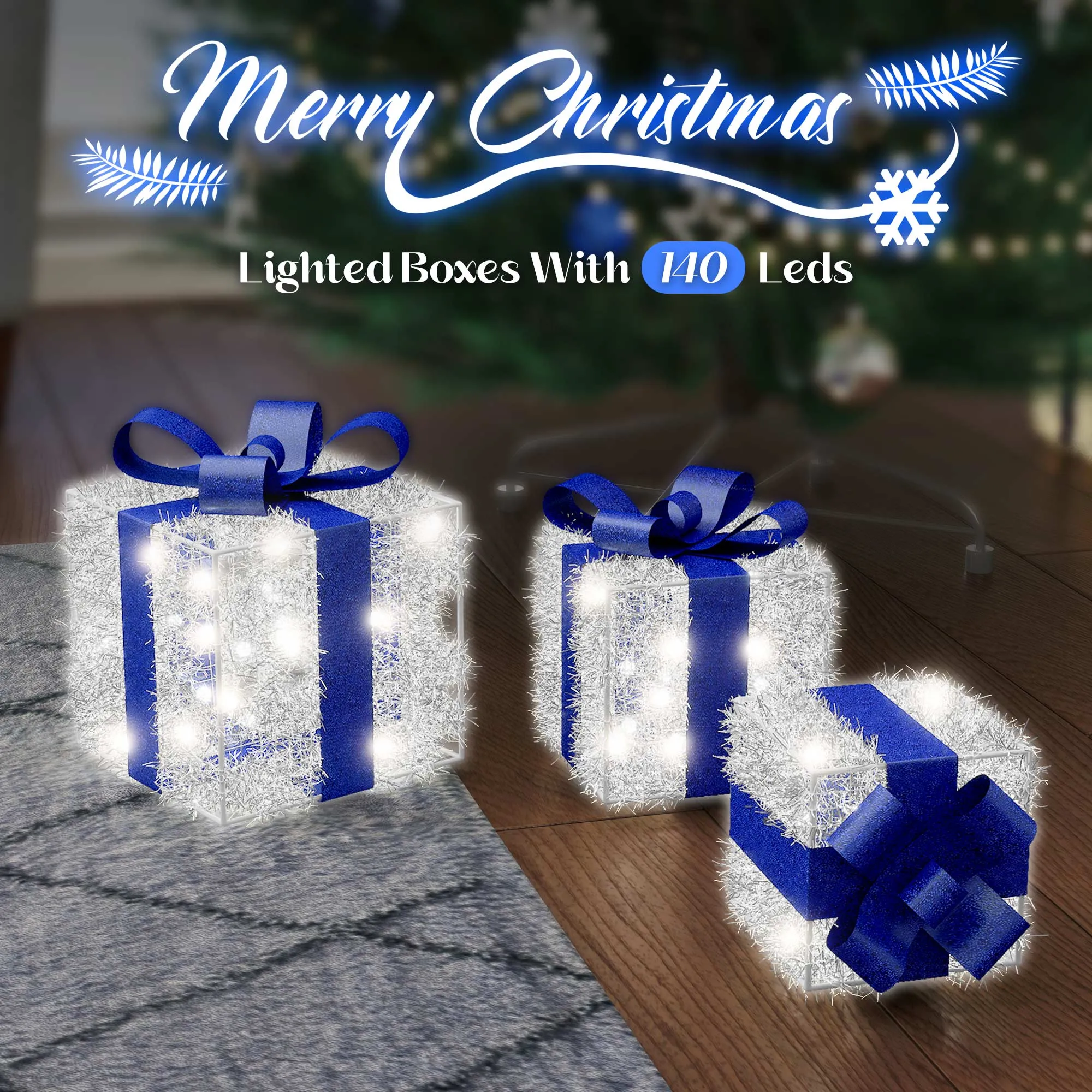 Blue Christmas Decorations, Christmas Lighted Gift Boxes 140 LEDs Light Up Presents Christmas Decor, 8 Modes & Timer Function Plug-in Set of 3 Lighted Christmas Boxes for Xmas Holiday Indoor Outdoor.Christmas Lights Decoration