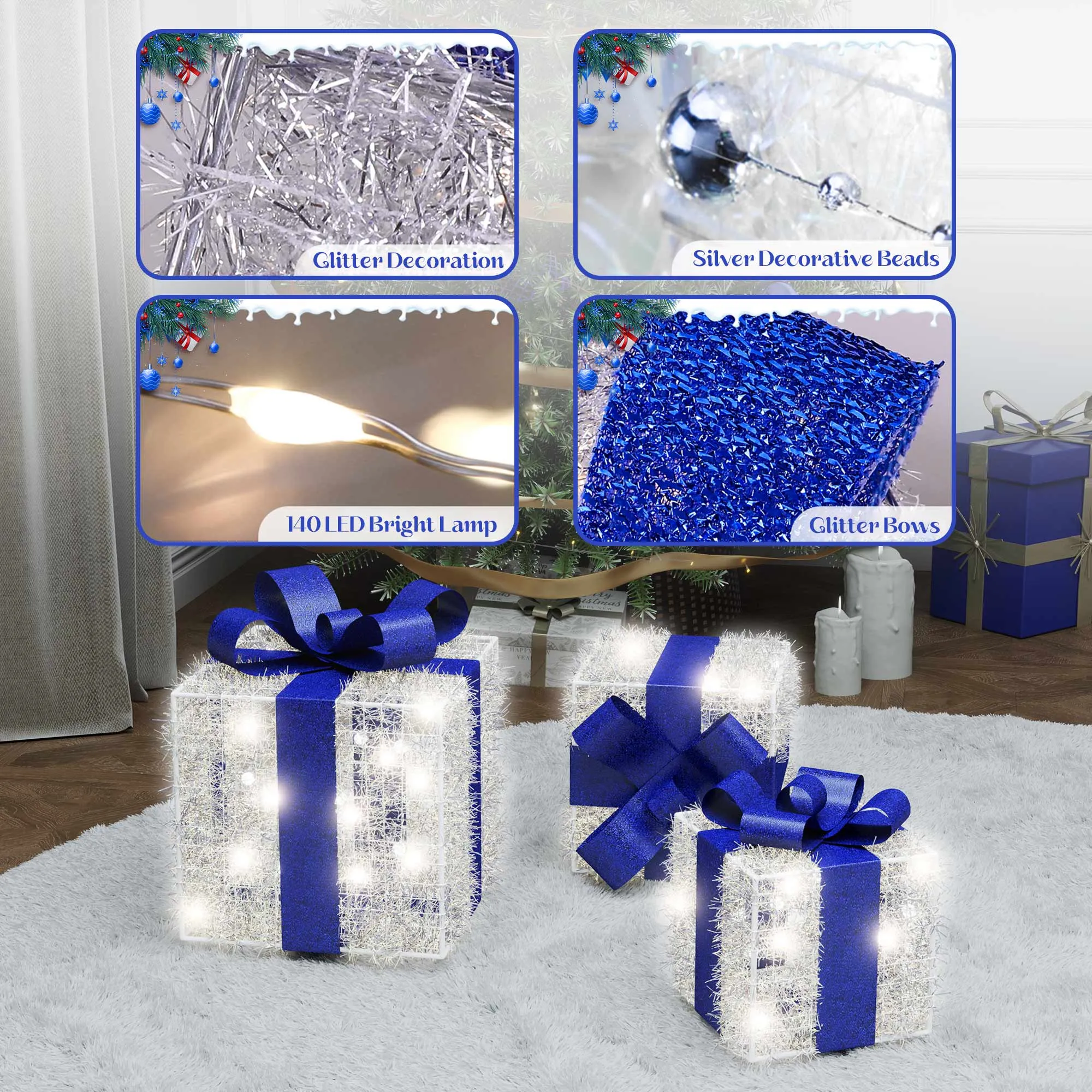 Blue Christmas Decorations, Christmas Lighted Gift Boxes 140 LEDs Light Up Presents Christmas Decor, 8 Modes & Timer Function Plug-in Set of 3 Lighted Christmas Boxes for Xmas Holiday Indoor Outdoor.Christmas Lights Decoration