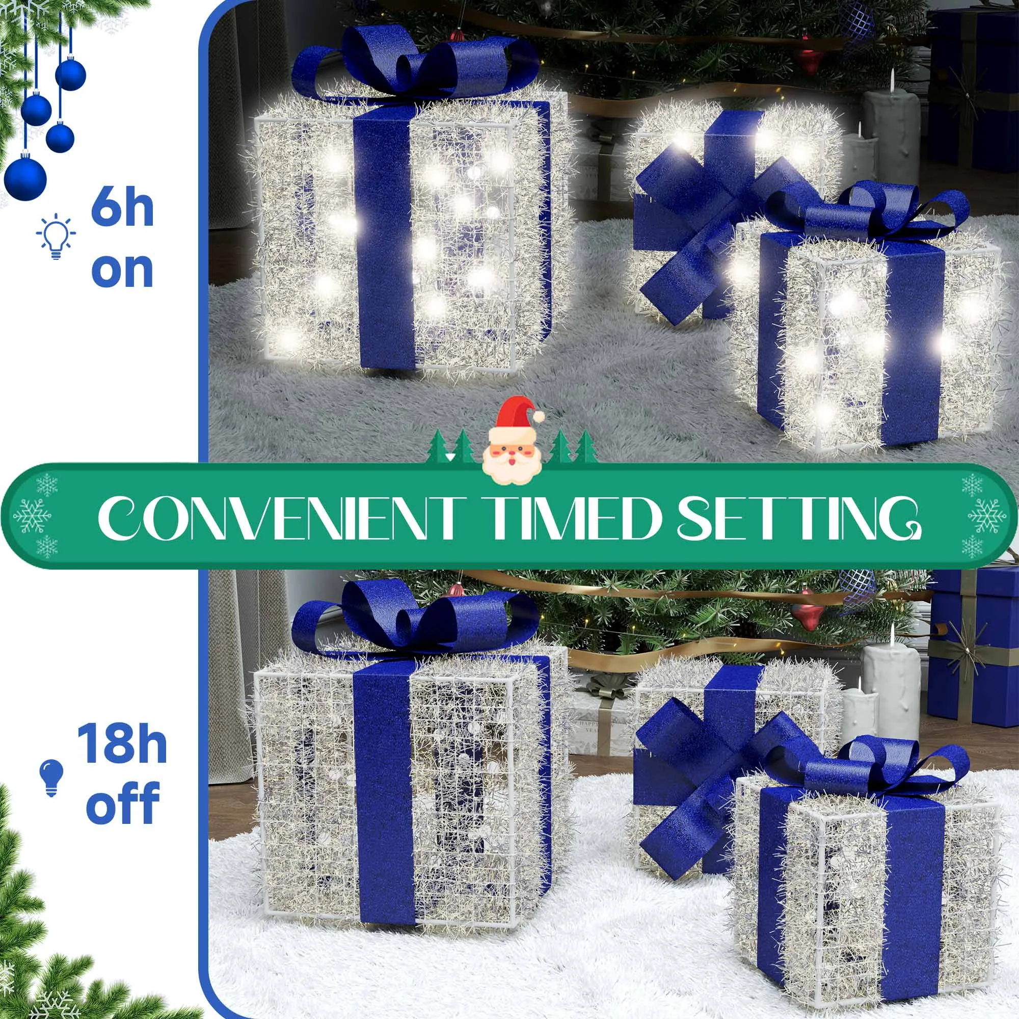 Blue Christmas Decorations, Christmas Lighted Gift Boxes 140 LEDs Light Up Presents Christmas Decor, 8 Modes & Timer Function Plug-in Set of 3 Lighted Christmas Boxes for Xmas Holiday Indoor Outdoor.Christmas Lights Decoration