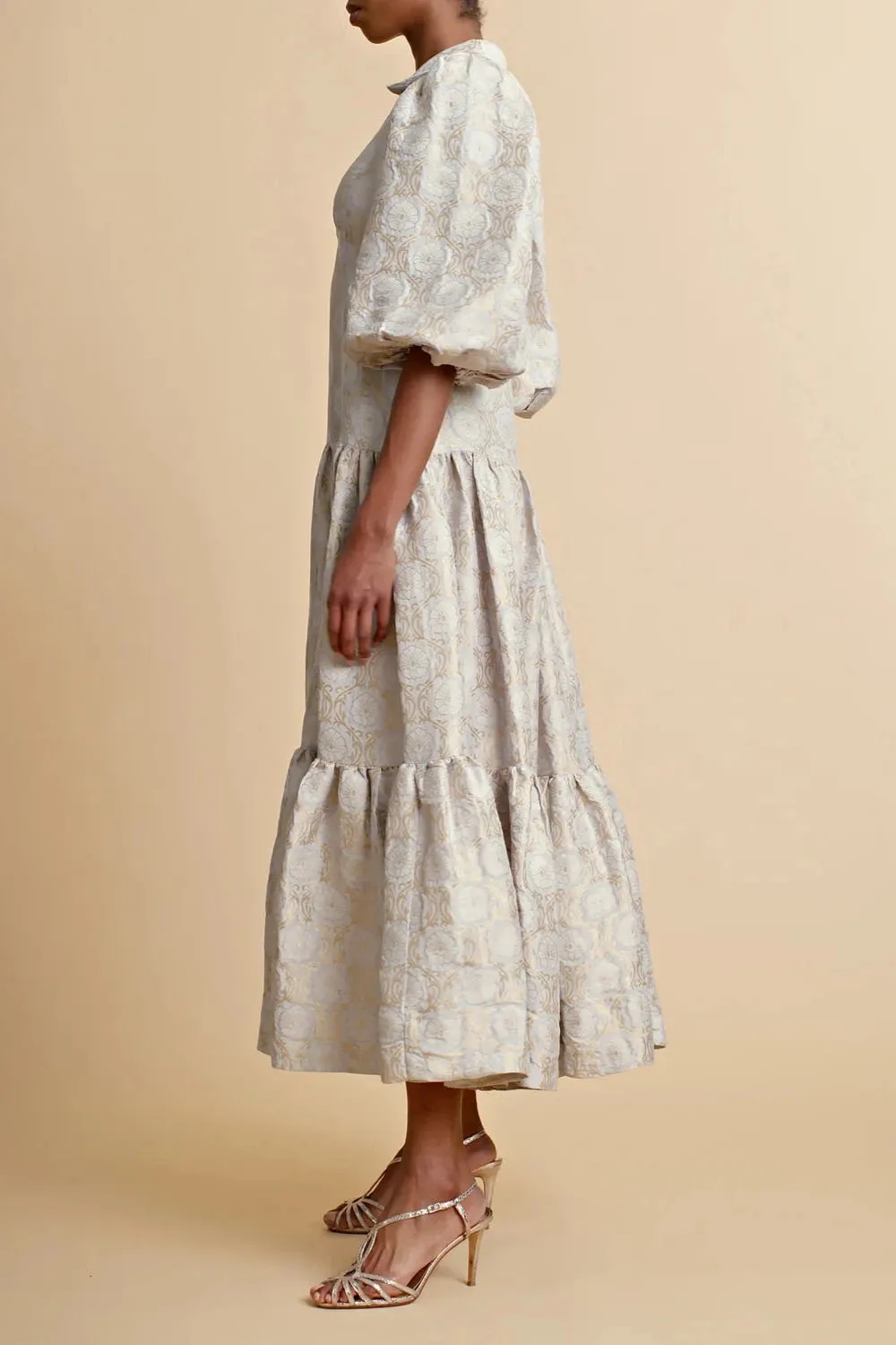 Brocade Midi Dress in Light Blue