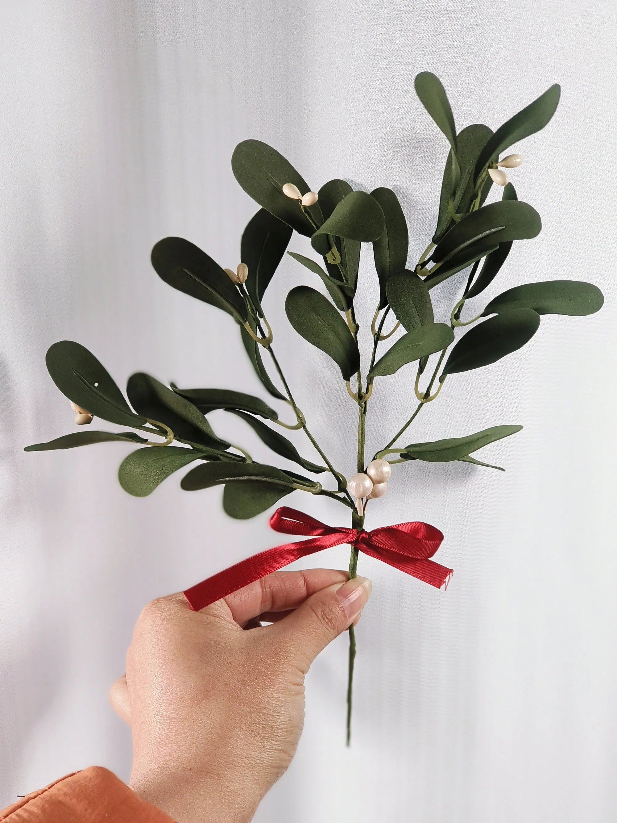 Bulk 11.8" Artificial Mistletoe Pick with Red Bow Christmas Stems Ornaments Wholesale