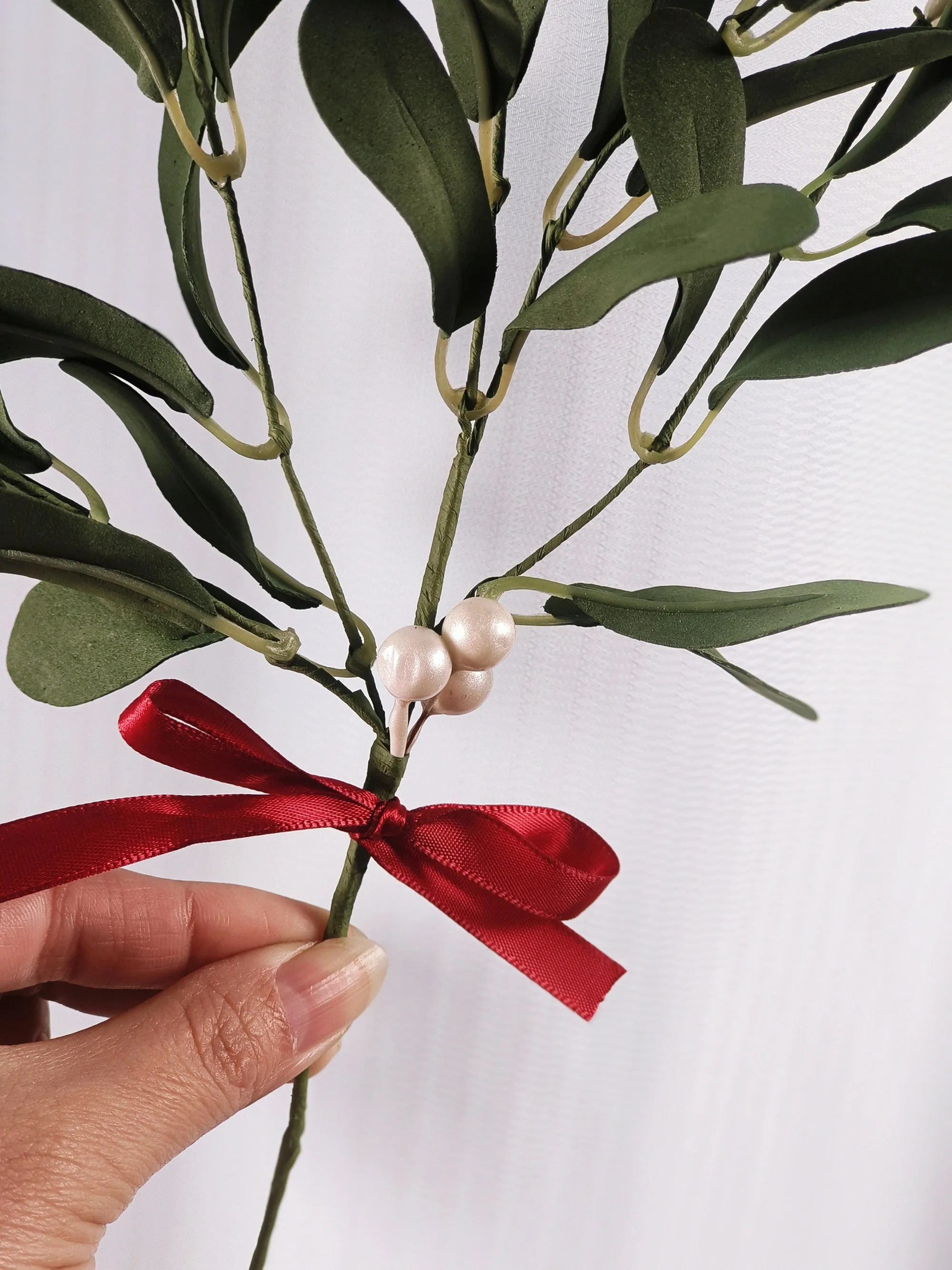 Bulk 11.8" Artificial Mistletoe Pick with Red Bow Christmas Stems Ornaments Wholesale