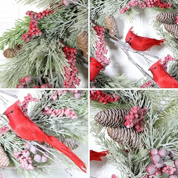 Bulk 17" Christmas Wreaths Red Bird Cardinals Ornaments for Front Door Farmhouse Wall Hanging Window Indoor Outdoor Home Decor Wholesale