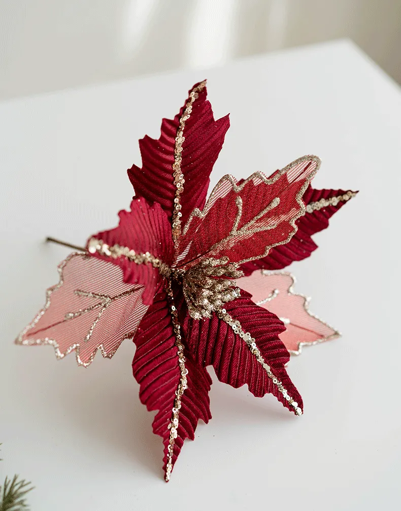 Bulk 9.8" Christmas Glitter Poinsettia Flowers Sequin Mesh Artificial Flowers Wholesale