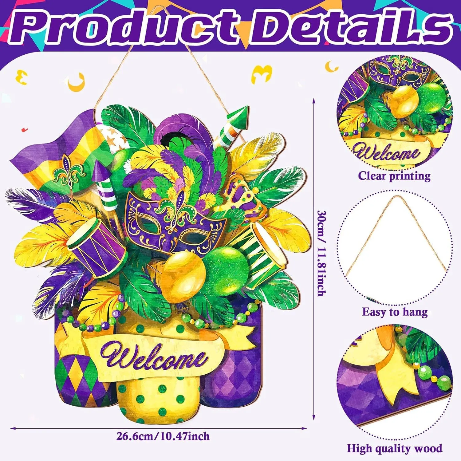 Bulk Mardi Gras Welcome Door Sign Hanging Wreath Mardi Gras Wooden Sign Door Hanger for Outdoors Wholesale