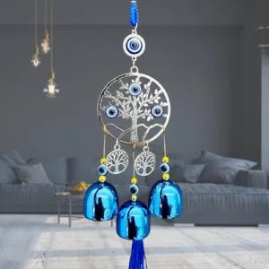 Buyab Factory® Evil Eye Wind Chimes Hanging for Window Balcony Decor Home Endurance Door Decoration, Wind Chimes for Home Positive Energy (Silver and Blue)