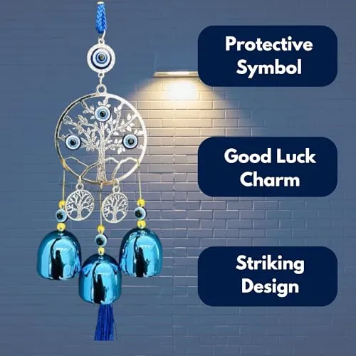 Buyab Factory® Evil Eye Wind Chimes Hanging for Window Balcony Decor Home Endurance Door Decoration, Wind Chimes for Home Positive Energy (Silver and Blue)