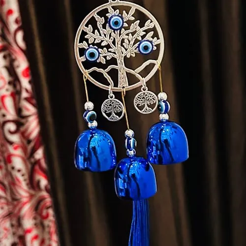 Buyab Factory® Evil Eye Wind Chimes Hanging for Window Balcony Decor Home Endurance Door Decoration, Wind Chimes for Home Positive Energy (Silver and Blue)