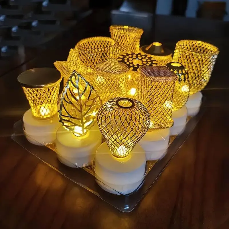 Chiransi 12 Pcs Set Golden Net LED Lanterns Light for Home Decoration,LED Tealight Candle Candle,Diwali Decoration, Christmas Xmas, Light for Diwali Home and Outdoor(Metal Golden Candles)