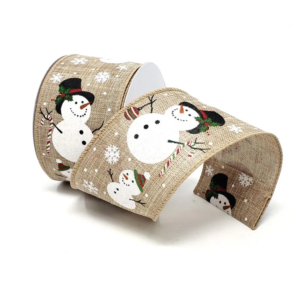 Christmas Glitter Snowmen Linen Ribbon, 2-1/2-Inch, 10-Yard, Natural