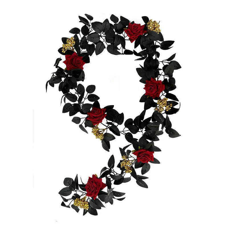 Clearance 5.7ft Black Halloween Garland with Rose And Berries Wholesale