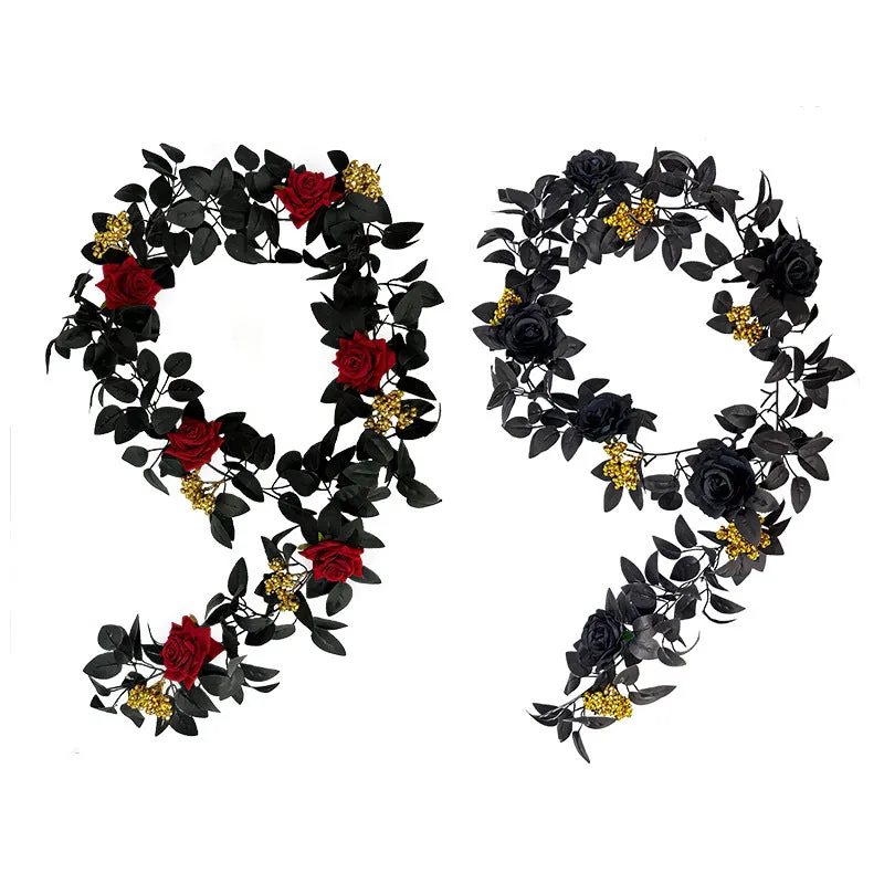 Clearance 5.7ft Black Halloween Garland with Rose And Berries Wholesale