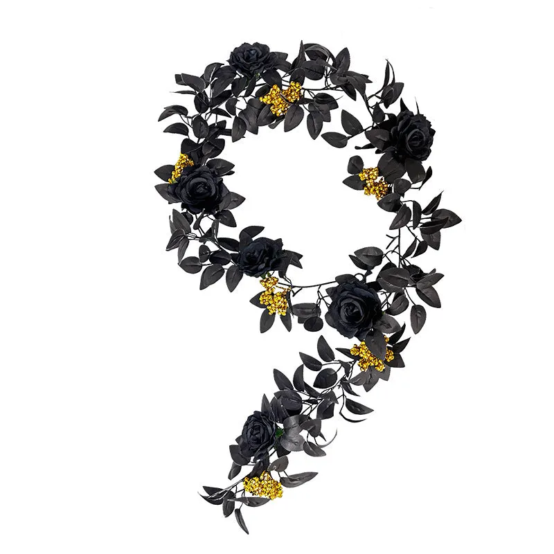 Clearance 5.7ft Black Halloween Garland with Rose And Berries Wholesale