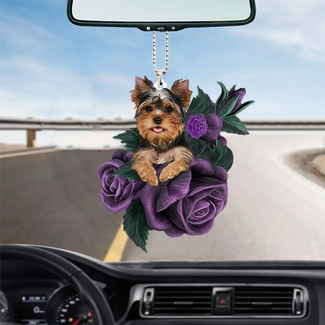 Dog in Purple Rose Car Mirror Hanging Car Interior Accessories