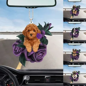 Dog in Purple Rose Car Mirror Hanging Car Interior Accessories