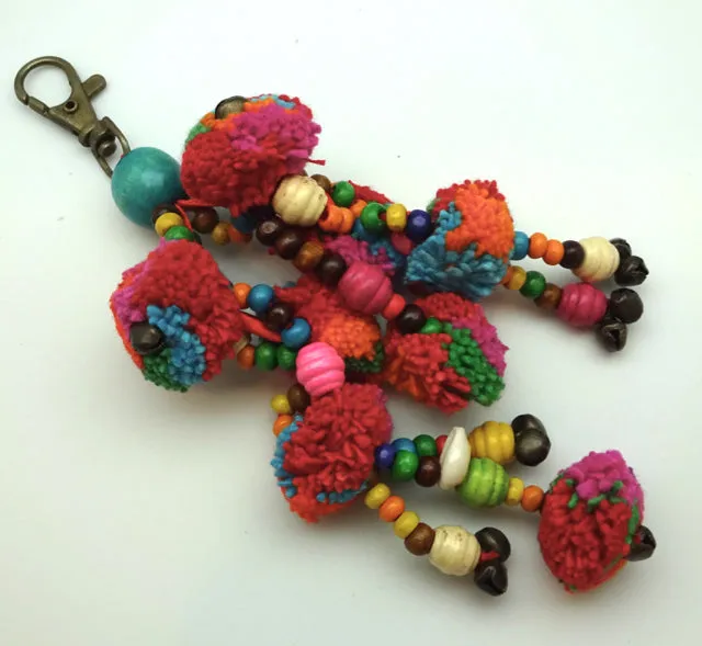 Fair Trade Buena Suerte Yarn Pom Pom Zipper Pull with Bells