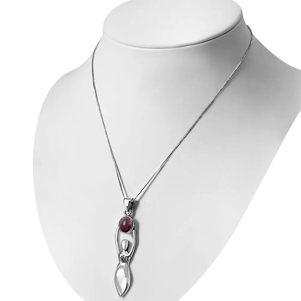 Garnet Fertility Moon Goddess Silver Pendant