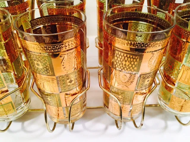 Georges Briard - Signed 22 Karat Gold, Golden Celeste Highball Set with Carrier (Set of 8 Highball Glasses & Carrier)