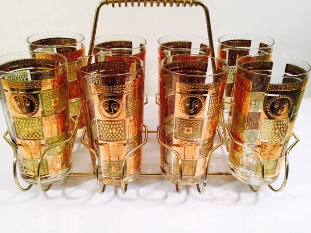 Georges Briard - Signed 22 Karat Gold, Golden Celeste Highball Set with Carrier (Set of 8 Highball Glasses & Carrier)