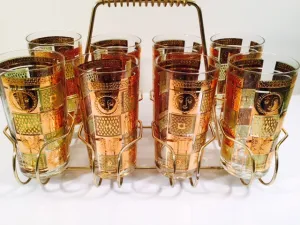 Georges Briard - Signed 22 Karat Gold, Golden Celeste Highball Set with Carrier (Set of 8 Highball Glasses & Carrier)