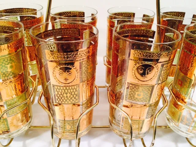 Georges Briard - Signed 22 Karat Gold, Golden Celeste Highball Set with Carrier (Set of 8 Highball Glasses & Carrier)