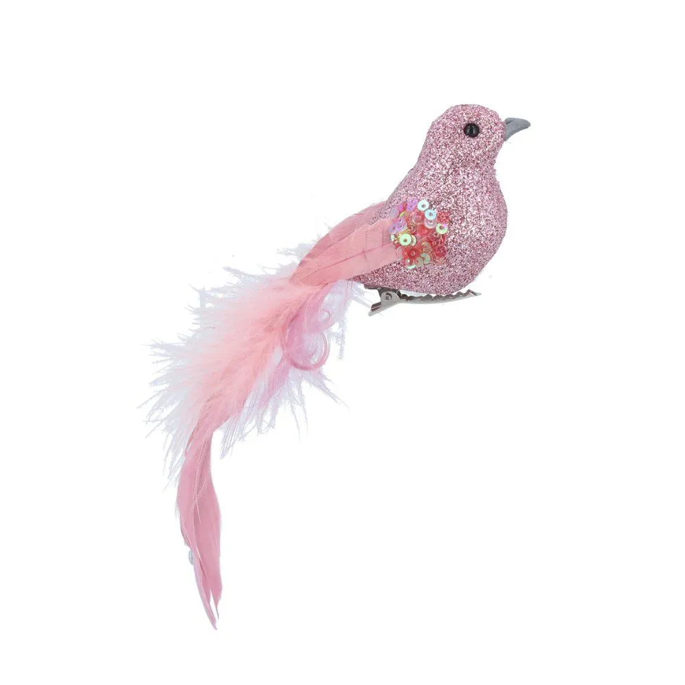 Gisela Graham 14cm Pink Glitter & Feather Bird Clip Decoration