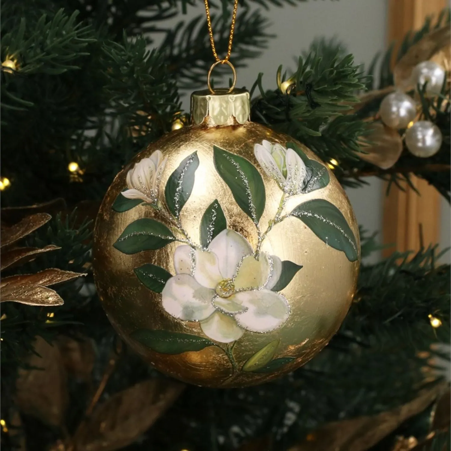 Gisela Graham 8cm Gold Leaf Magnolia Glass Bauble