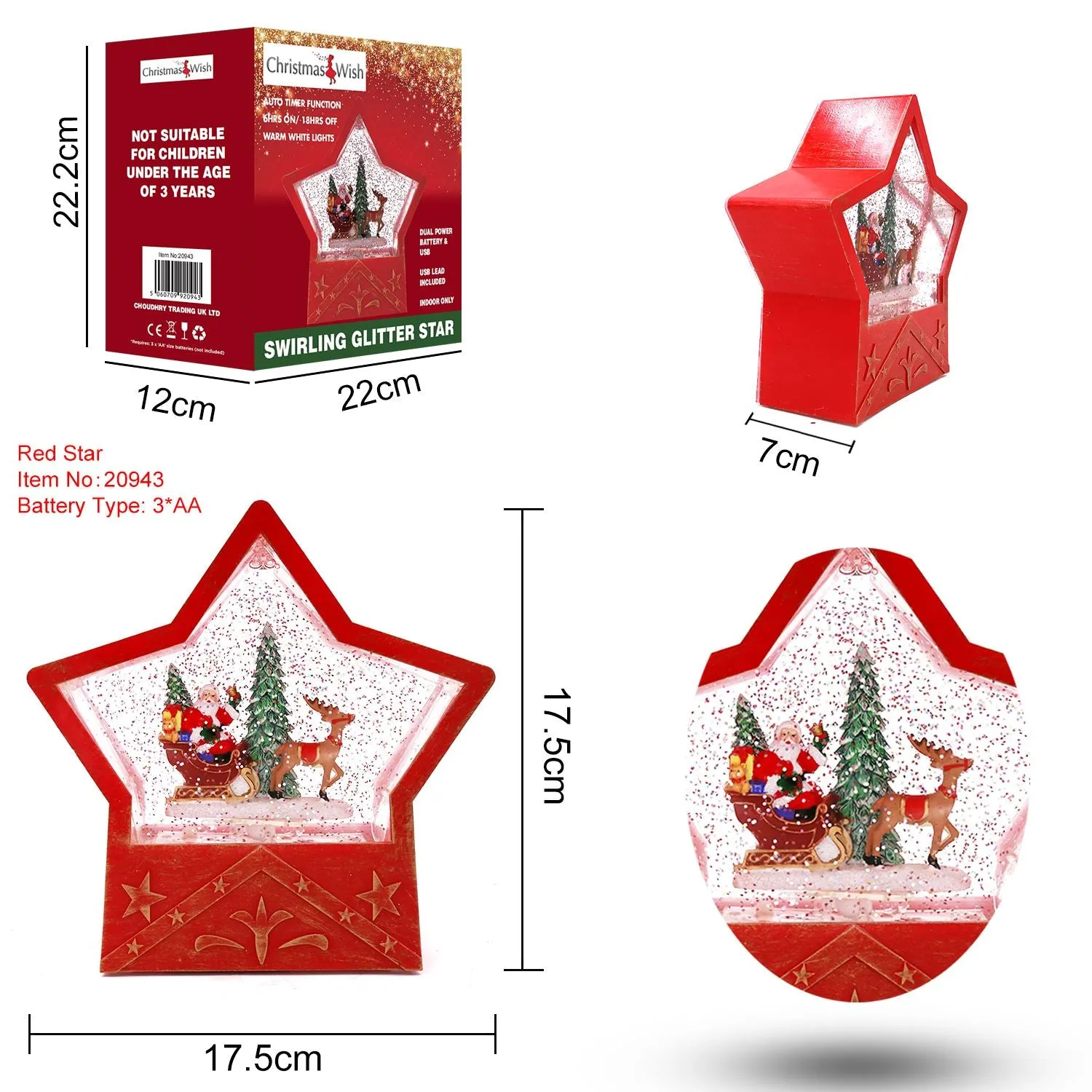 Glitter Star Red Christmas Decoration with Dual Power Battery