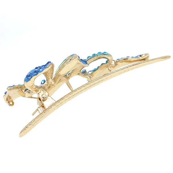 Gold Finish Blue Rhinestone Ribbon Hinged Hair Claw Clip